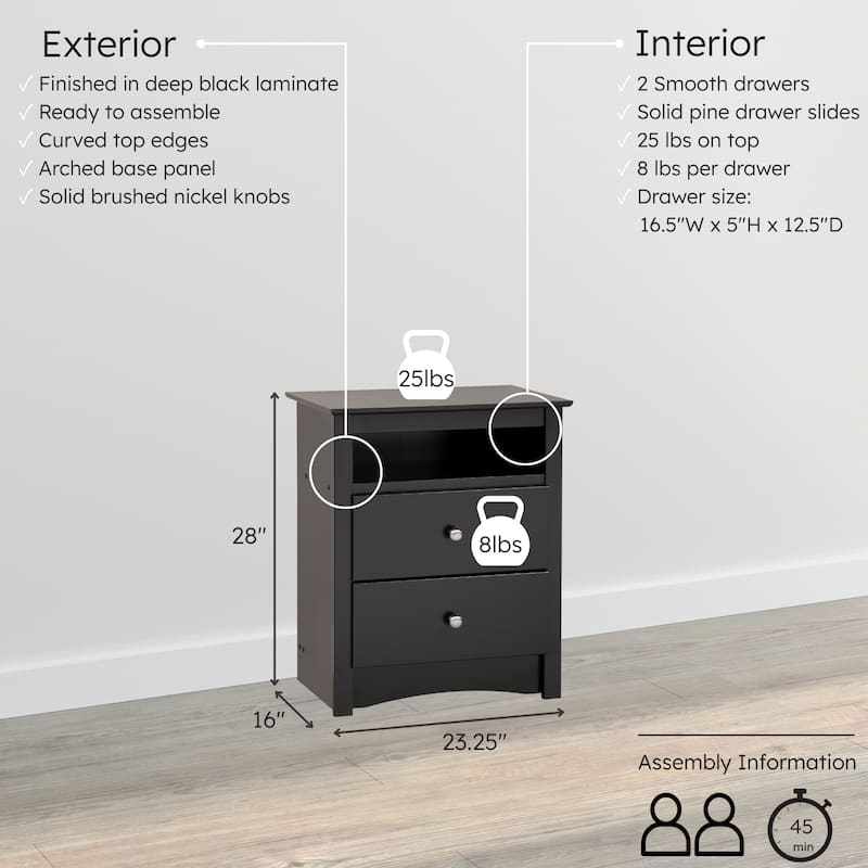 Broadway Black 2-drawer and Open Cubby Nightstand