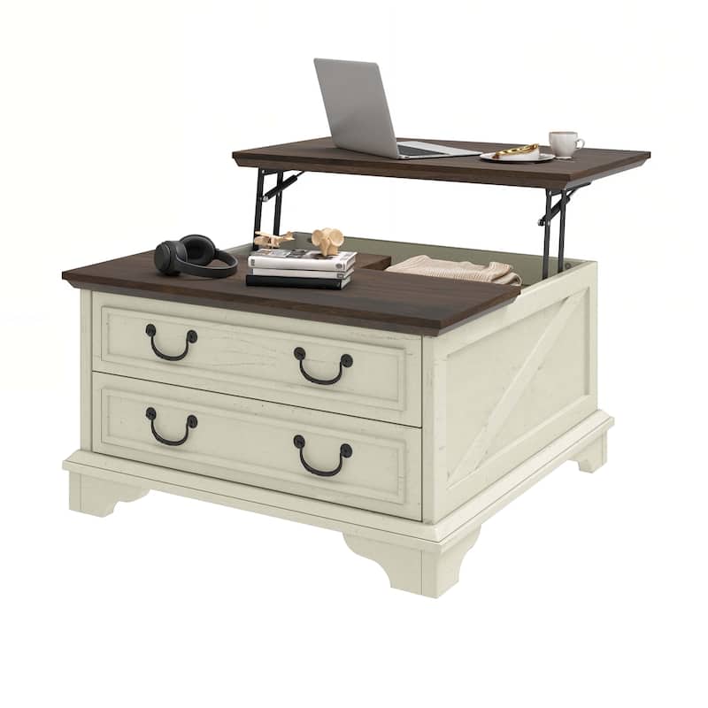Moasis Farmhouse Lift Top Coffee Table Square Wood Center Table with Storage and 2 Drawers - Off White