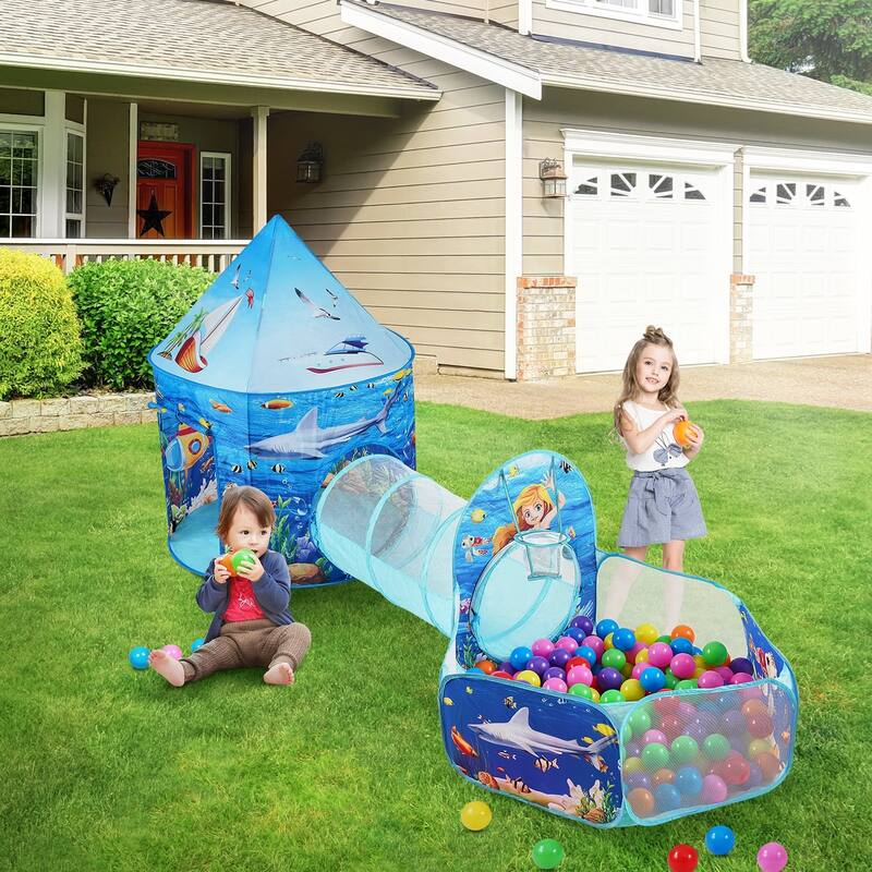 Multi Color Kids Tent Tunnel Set, 3 Piece Polyester Playhouse with Ball Pit - 39.4” L x 50” H