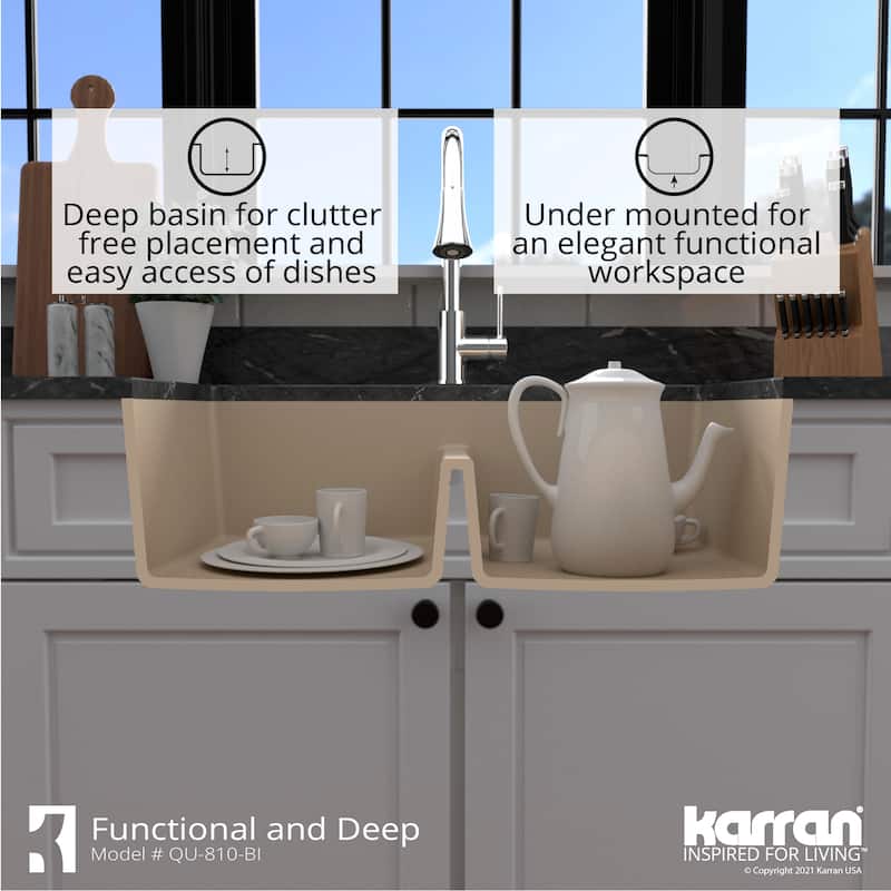 Karran 32" Undermount Double Equal Bowl Quartz Kitchen Sink Kit - 32" x 19.5" x 9"