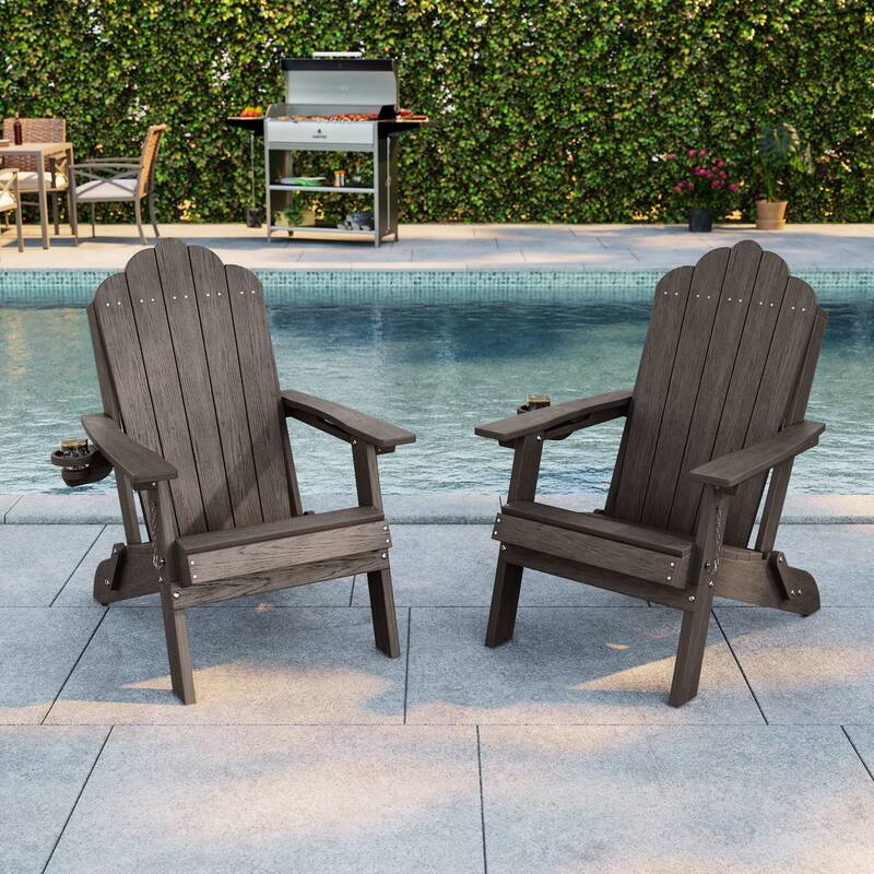 Foldable HDPE Adirondack Chair All-Weather W/ Cup Holder - Brown - 2-Piece