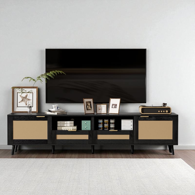 78.8" Rattan TV Stand for 85 Inch TV, Modern Farmhouse Entertainment Center with Solid Wood Legs and Storage Cabinets - Black