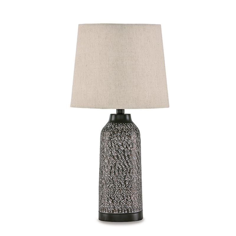 Table Lamp Set of 2, Beige Drum Shade, Black Hammered Motif Metal Base