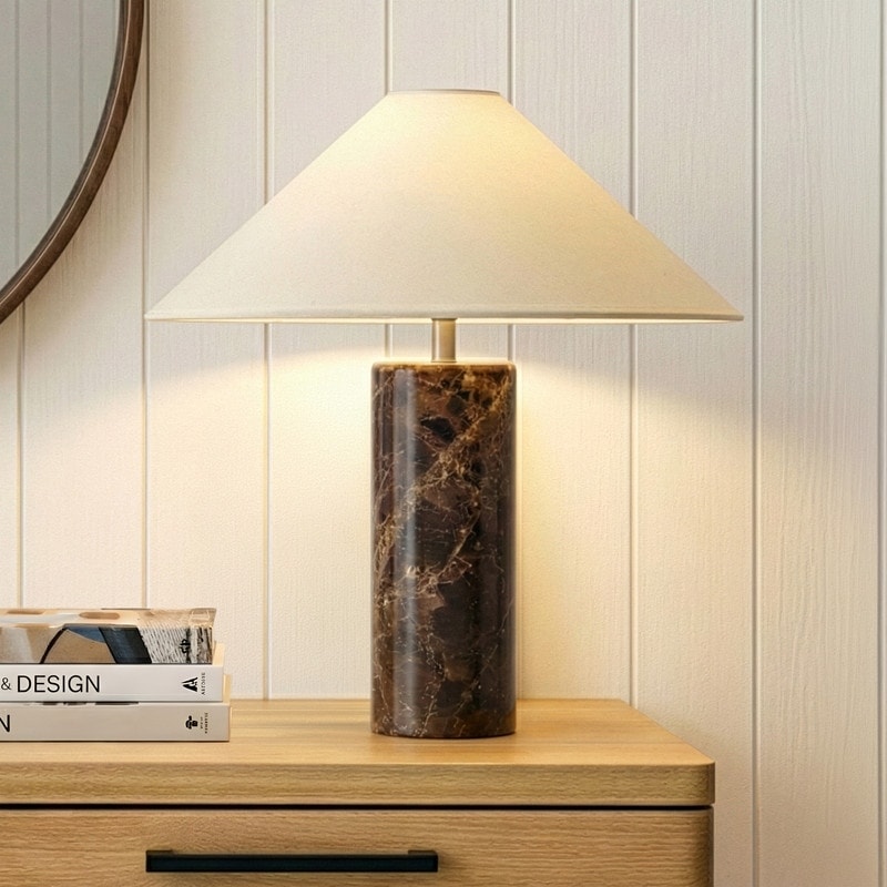 Brightech Runo 13.98 in LED Glossy Brown Marble Midcentury Gradient Dimming Nightstand Desk Lamp with Ivory Cotton Empire Shade