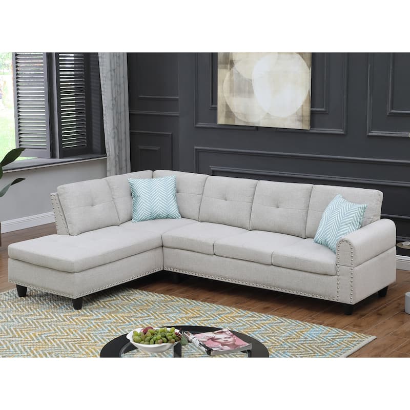 Modern Built-in Cup-holders Console Linen Sectional Sofa with 2 Pillows
