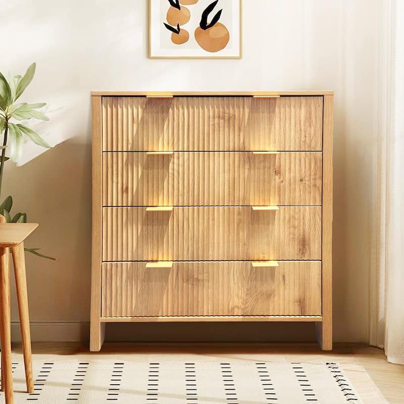 4 Drawer Fluted Dresser for Bedroom, Modern Wood Chest with Gold Handles, Narrow Storage Cabinet or TV Stand - Natural