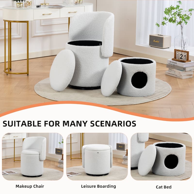 Stylish Upholstered Barrel Chair: 360°Swivel Vanity Stool for Bedroom & Dining Chair, Built-in Storage, Soft Padded Accent Seat