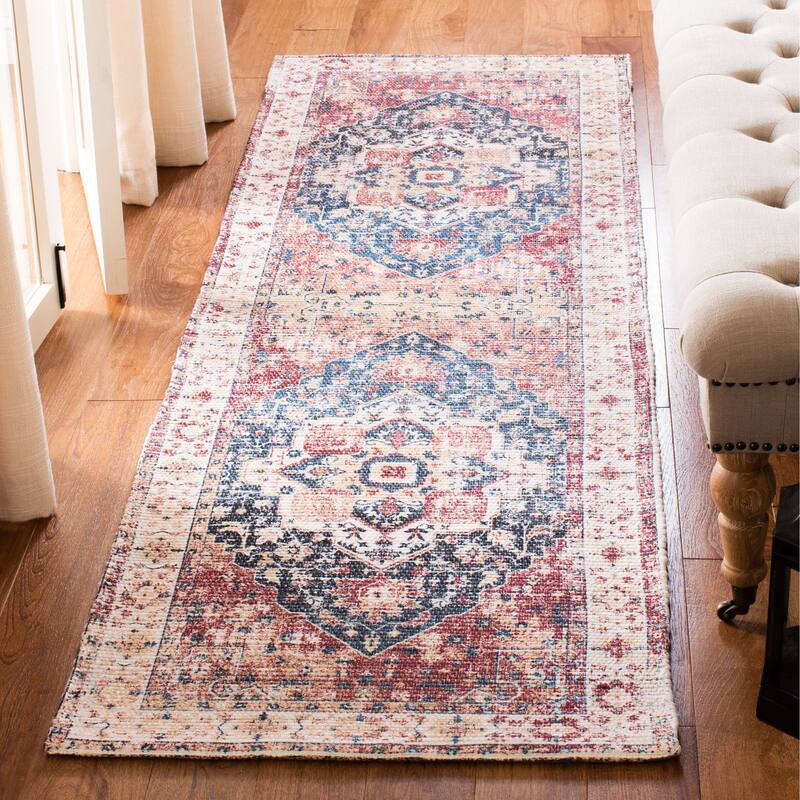SAFAVIEH Handmade Saffron Karley Traditional Tribal Ivory/Rust Cotton Rug - 2'3" x 8' Runner - Beige/Blue