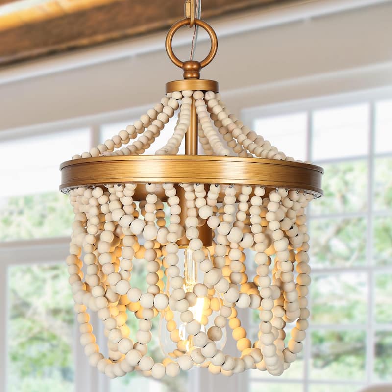 Mini 1-Light Coastal Chandelier Distressed Wood Beaded Pendant Lights Kitchen Islands Lights Bedroom - D 9.8'' x H 74.8'' - D 9.8'' x H 74.8'' - Distressed White