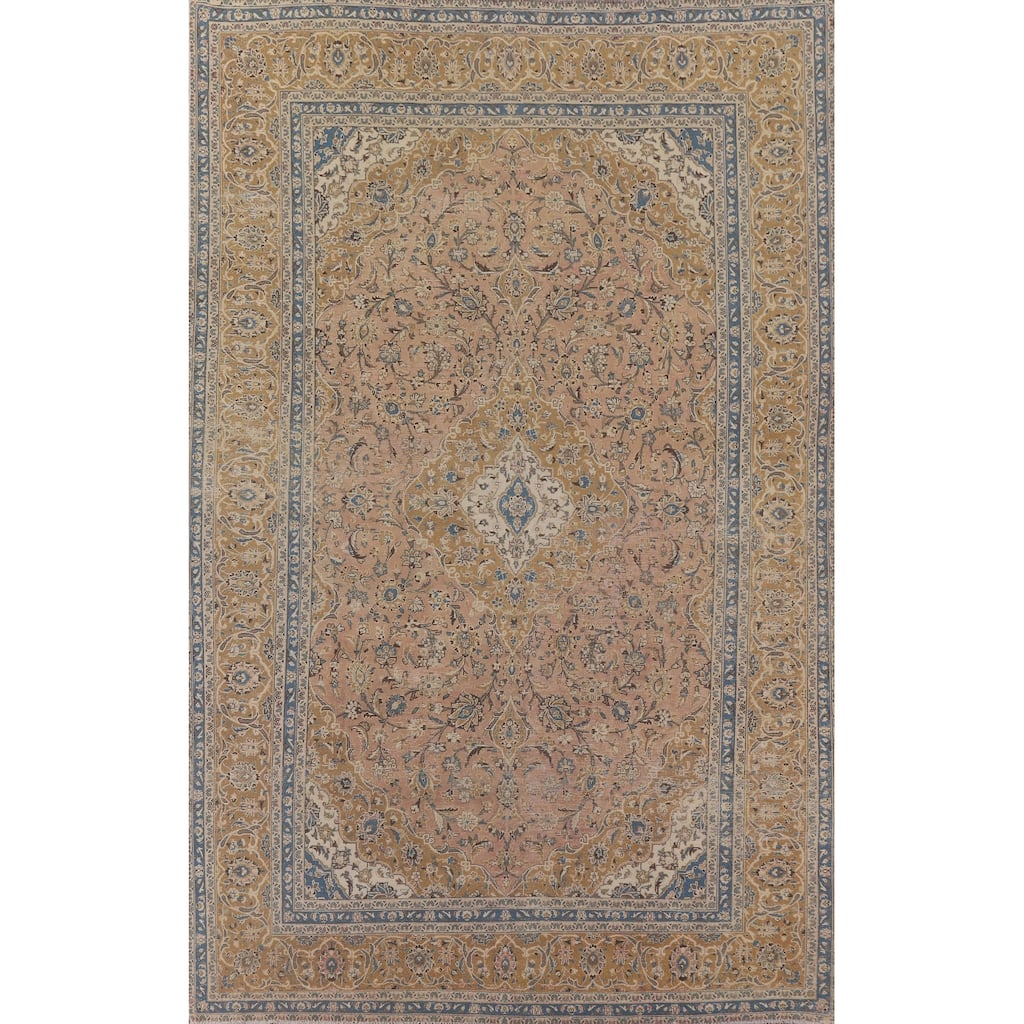 Distressed Floral Kashan Persian Antique Area Rug Handmade Wool Carpet - 9'0" x 12'5"