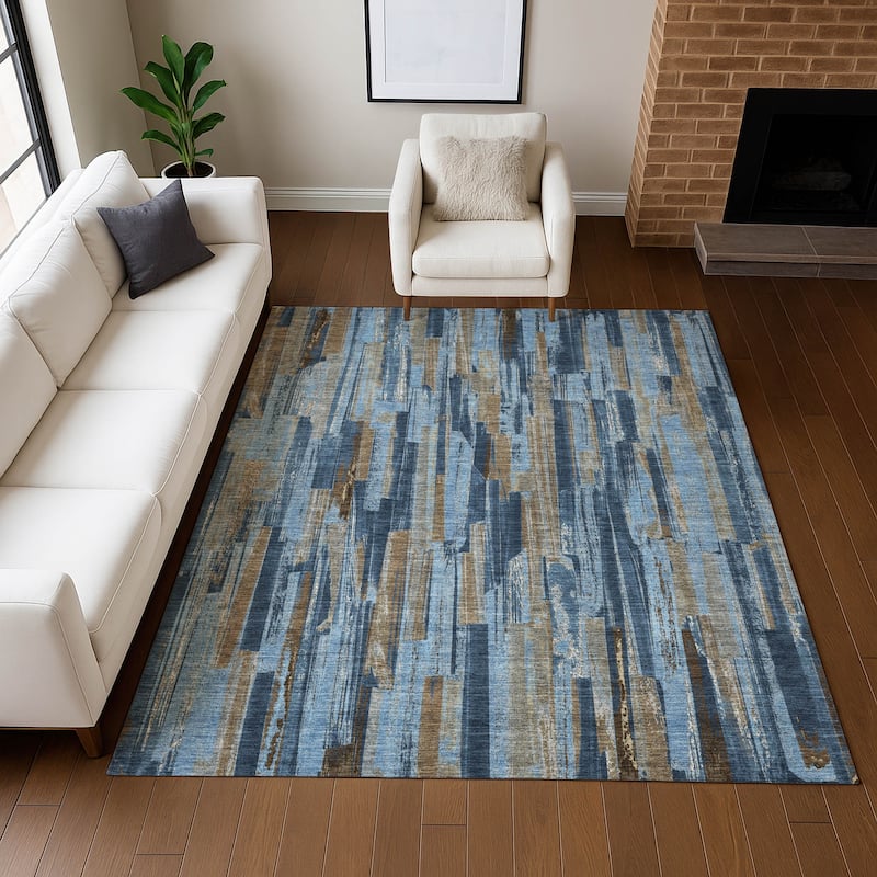 Machine Washable Indoor/ Outdoor Modern Stripes Chantille Rug