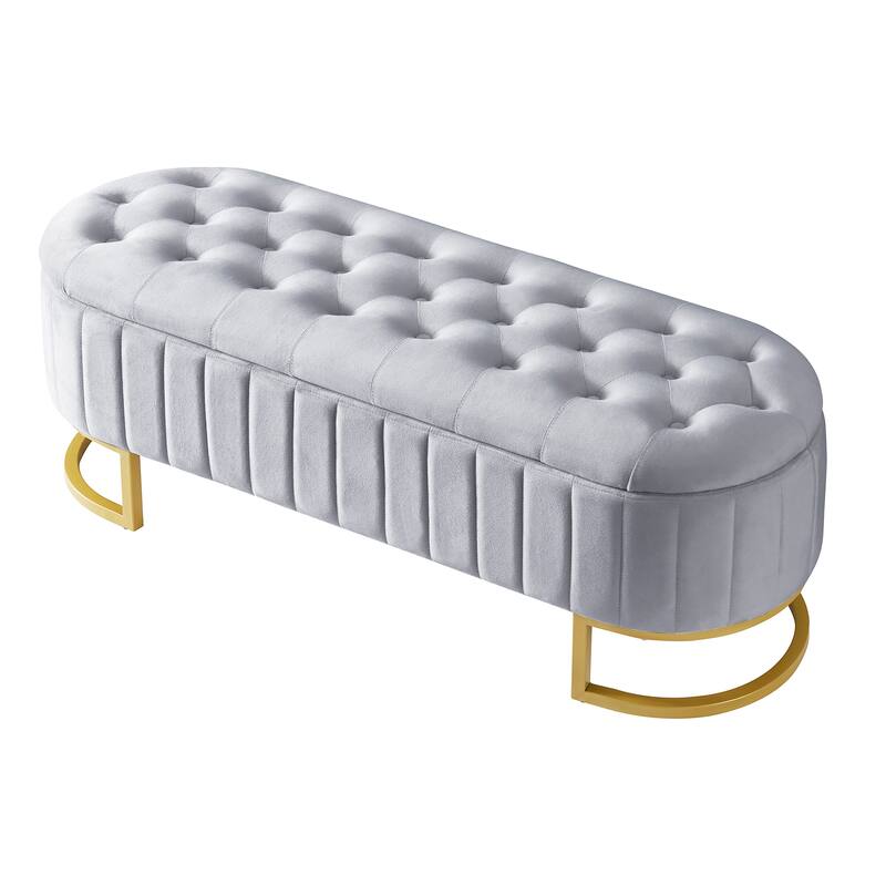 Elegant Velvet Storage Ottoman with Button-Tufted Top, Metal Legs