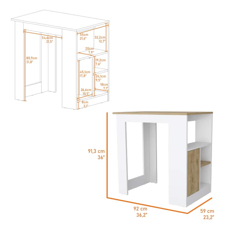 Aurora Kitchen Island with Open Compartment and Cabinet in White and Macadamia