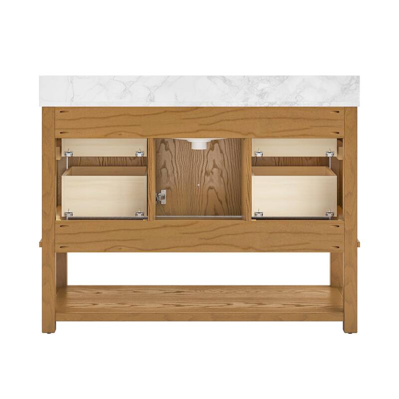 48 Inch Single Bathroom Vanity with 6 Drawers, Marble Top Bathroom Vanity with Sink in White