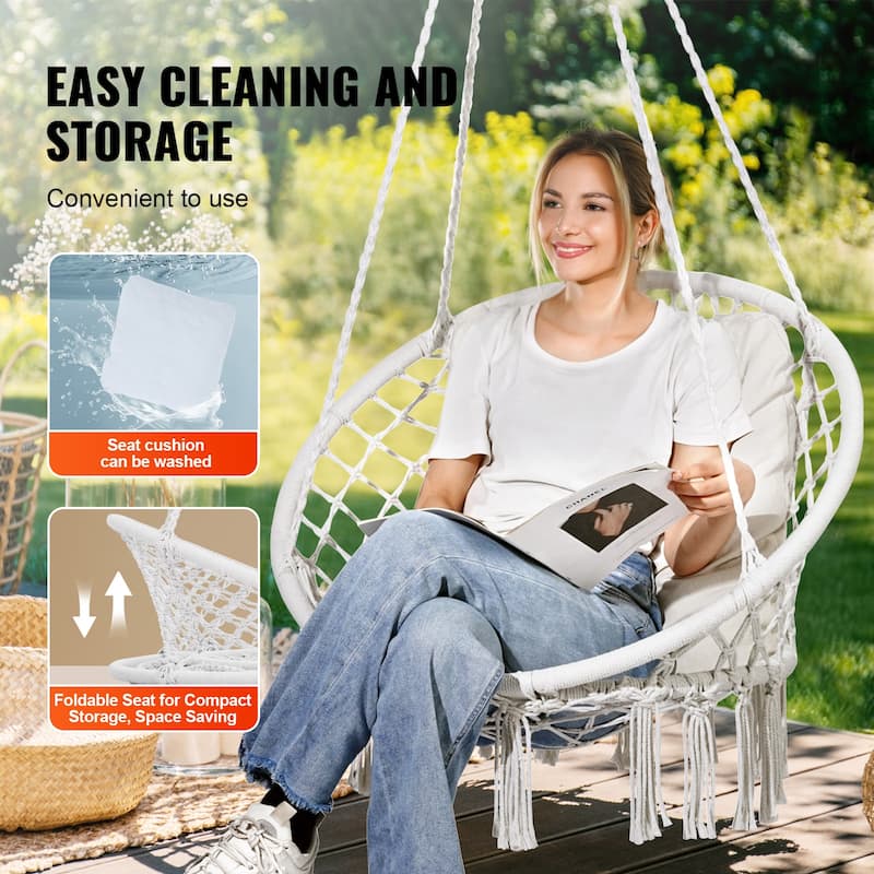 Hanging Hammock Swing Chair, Macramé Hanging Chair with Cushion and Mounting Hardware, Cotton Rope Swing Chair