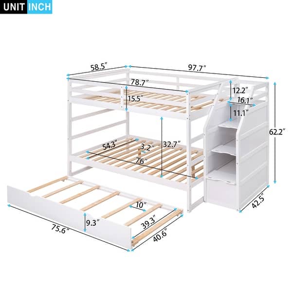 White Full-over-Full Pinewood Bunk Bed with Twin Trundle, 3 Storage Stairs, and Full-Length Guardrail