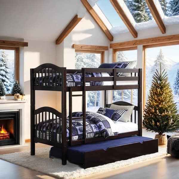 slide 2 of 6, Twin over Twin Convertible Bunk Bed with Guard-Rail & Ladder, Espresso Espresso