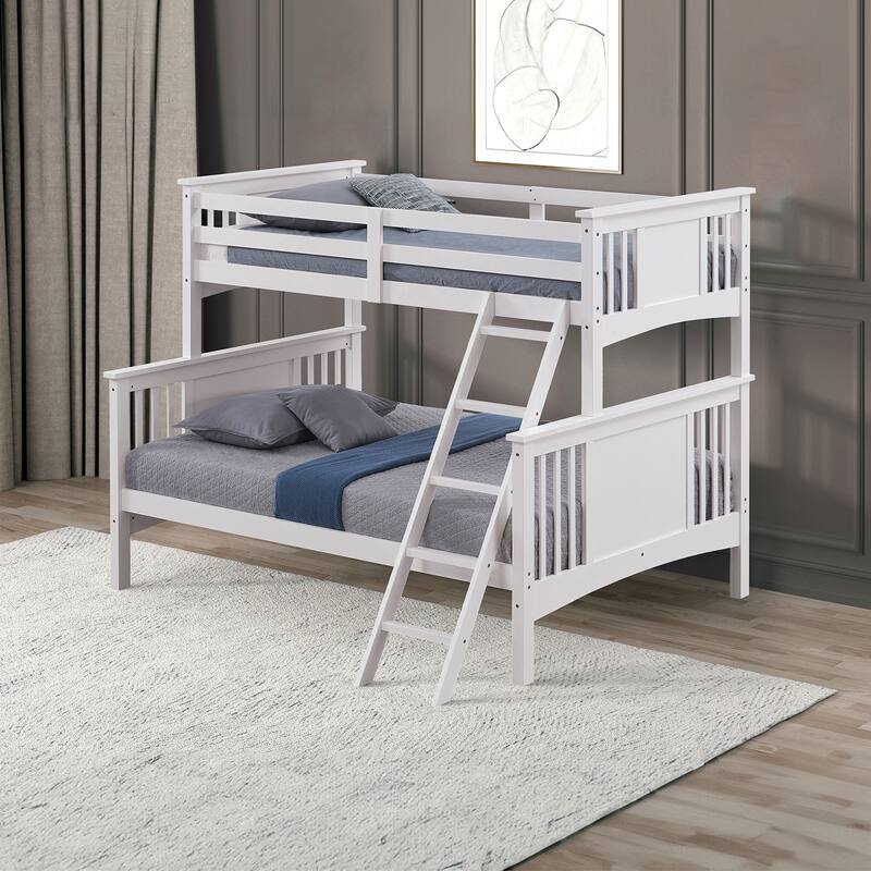 Modern Twin Over Full Bunk Bed with Ladder in White Finish