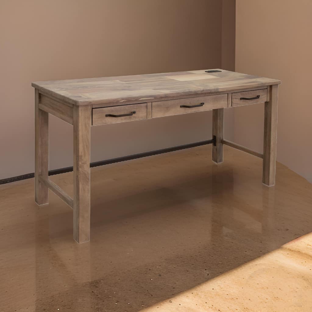Umey 60 Inch Desk, 3 Drawers, Metal Handles, Rustic Brown Solid Wood Frame