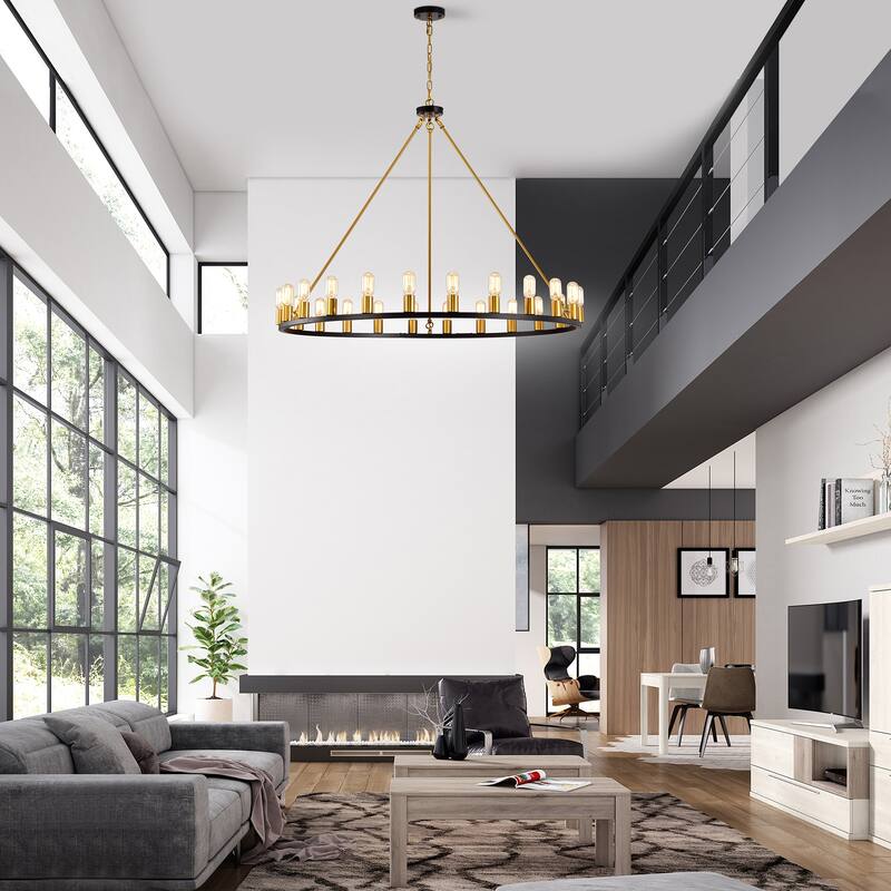 Matte Black and Gold 48-inch Wagon Wheel 24-light Chandelier