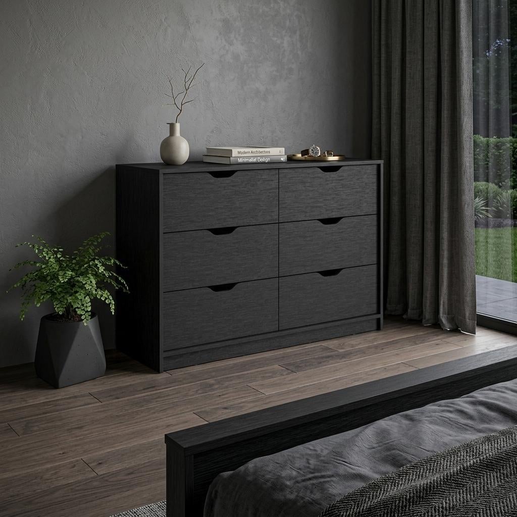 HomeRoots 42" Black Wood Six Drawer Double Dresser