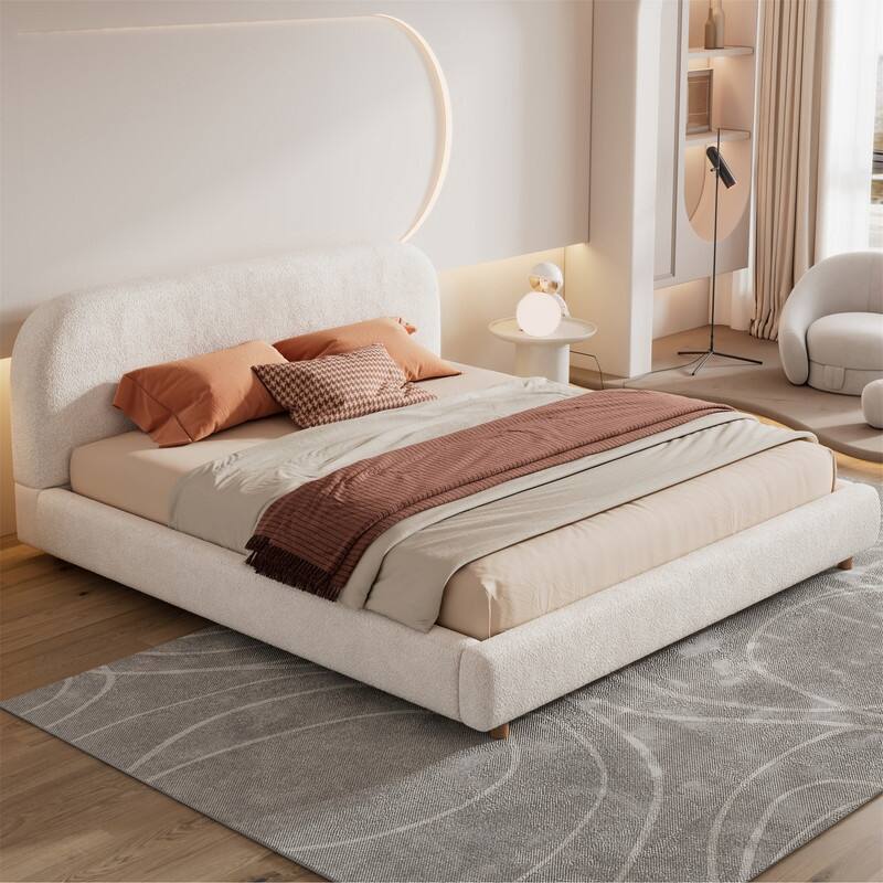 Queen/King Size Platform Bed with Curve-Shaped Design Headboard, Boucle Fabric Upholstered Bed Frame with Slats Support - King