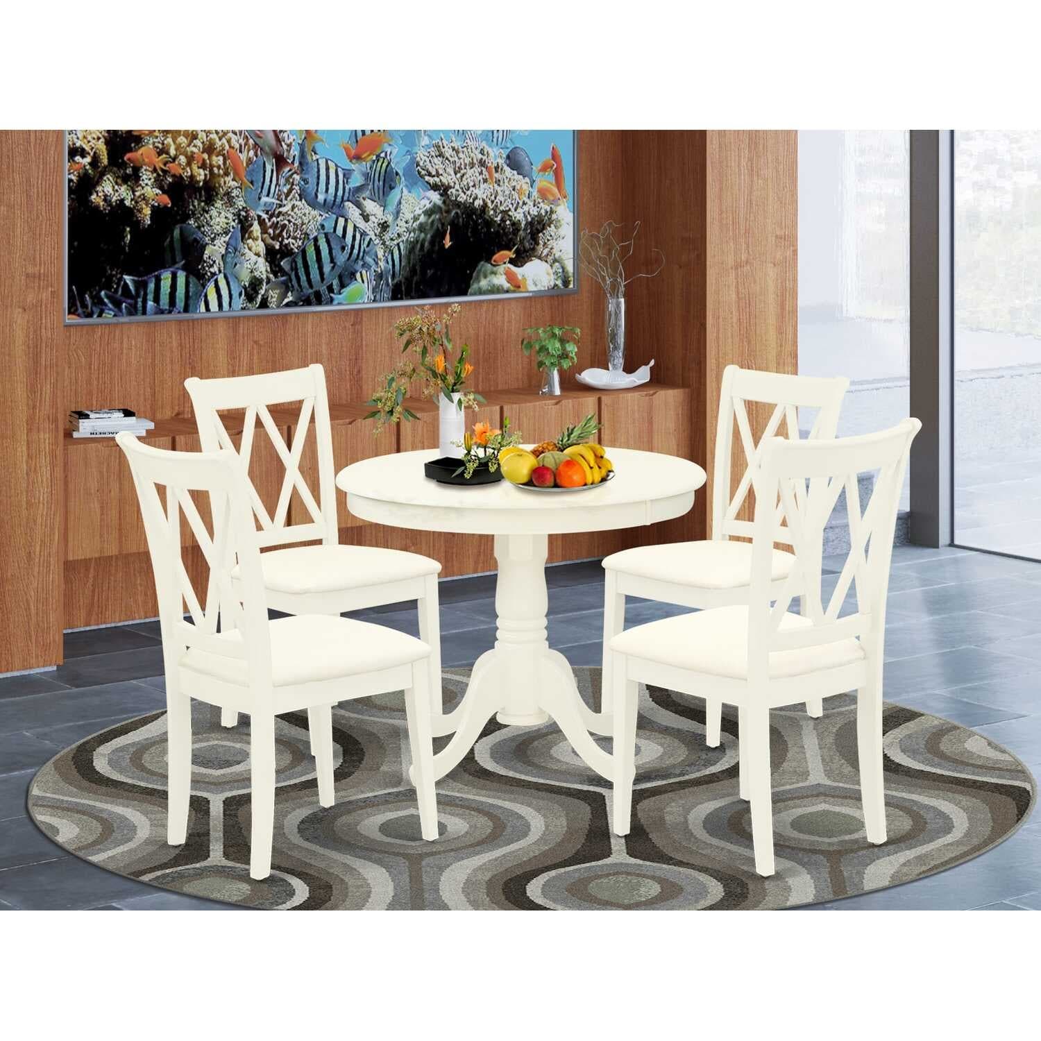 HomeStock 5-Piece Round Linen White Finish Solid Wood Top Dining table with 4-Chairs with Cross Back