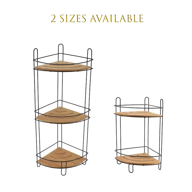 Corner Bathroom Organizer Storage Tower 3 or 2 Shelves Bamboo Black Metal