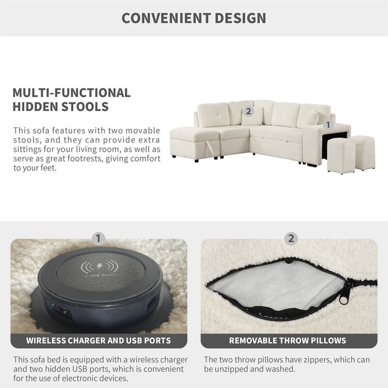 Sectional Pull Out Sofa Bed w/Storage Ottoman,2 Throw Pillows,2 Stools