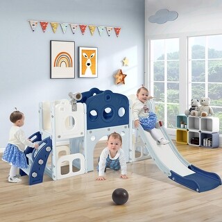 7-in-1 Toddler Slide Set - Spaceship Playset with Slide, Arch Tunnel, Basketball Hoop, and Toy Storage