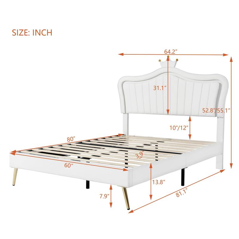 Modern Crown Headboard Upholstered Bed Frame with LED Lights