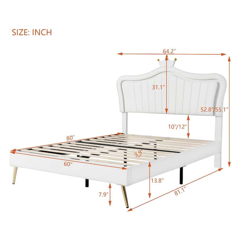 White Queen Bed with LED Lights and Crown Headboard