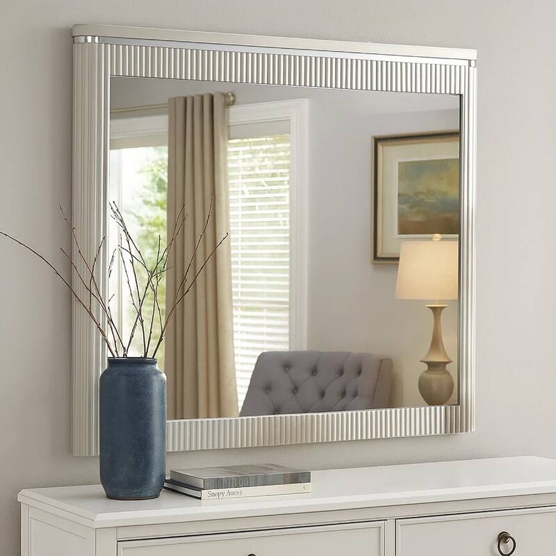 Alda Dresser Mirror, Rectangular Gray Reeded Wood, Silver Trim, 38x40 - Grey