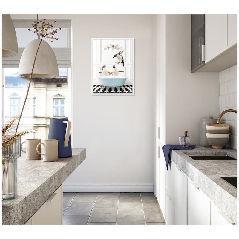Kate and Laurel Sylvie Penguins in Blue Bathtub on Checker Floor Framed Canvas by Amy Peterson