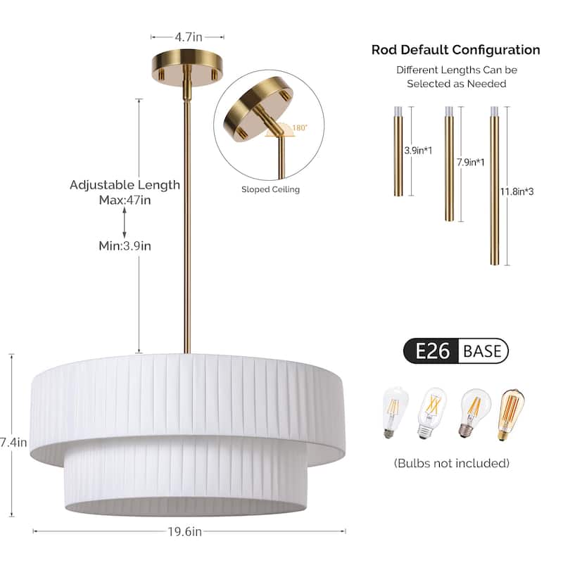 Modern 3-Light Drum Chandelier Fabric Shade Ceiling Hanging Pendant