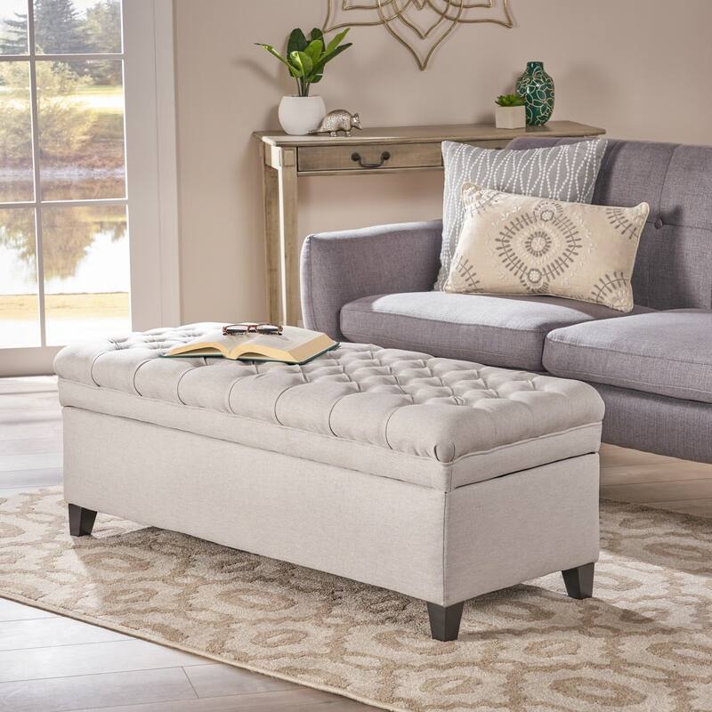 Button-tufted Storage Ottoman Bench-Light Gray