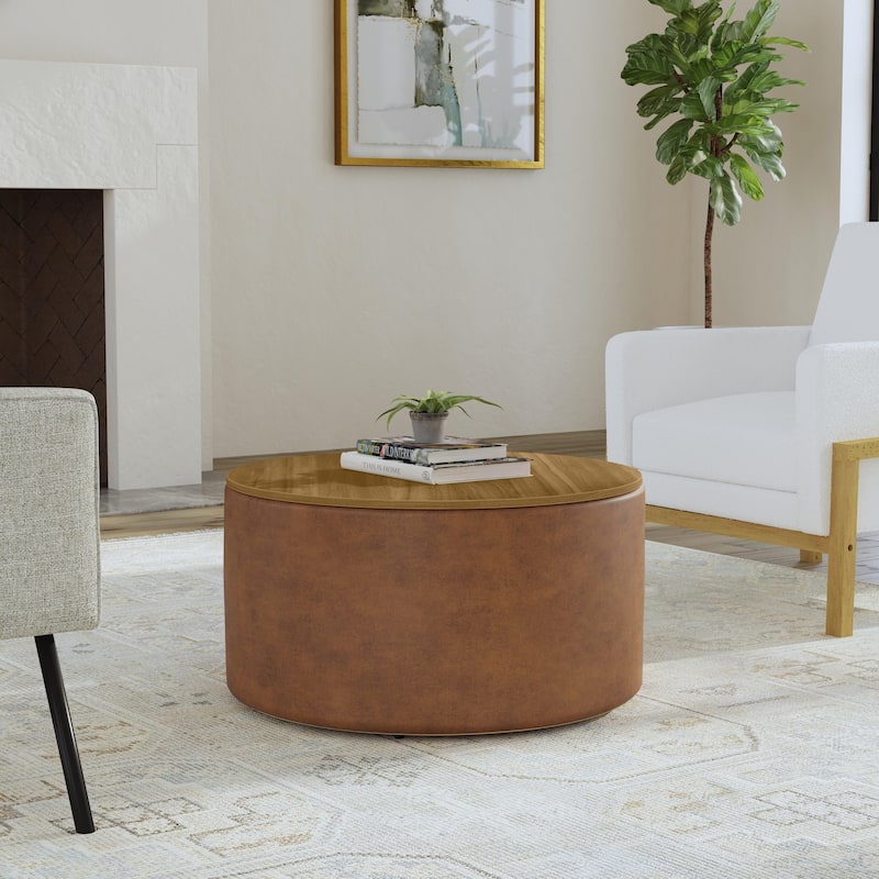 HomePop Round Storage Ottoman table with Wood Top - Brown Faux Leather in Honey Oak Top