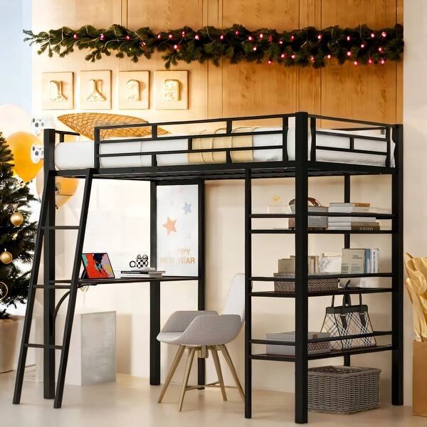slide 2 of 25, Versatility Galore Twin Size Loft Metal Bed with 3 Layers Of Shelves and Desk, Stylish Metal Frame Bed with Whiteboard Black