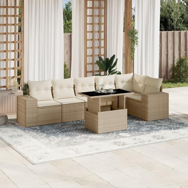 vidaXL Patio Sofa Set with Cushions Outdoor Furniture 7 Piece Poly Rattan - 21.7 x 39.4 x 28.7 - Beige and Cream