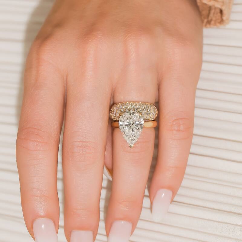 Kobelli 5.84 Carat Natural Diamond GIA Certified 14k Yellow Gold Pear Solitaire Cathedral One-of-a-Kind Ritz Engagement Ring