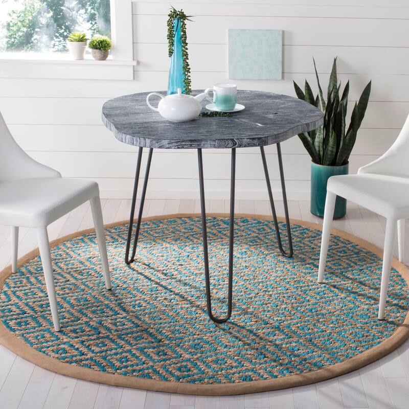SAFAVIEH Handmade Natural Fiber Jaeda Diamond Jute Tassel Rug - 6' Round - Turquoise/Natural