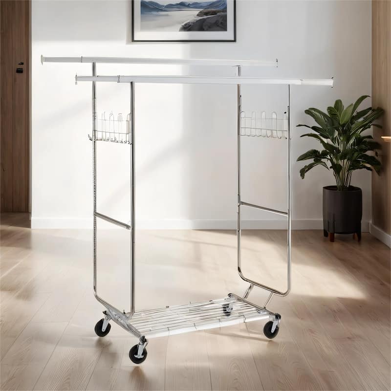 Portable Capacity 800lbs Rolling Double Clothing Racks with Shelves