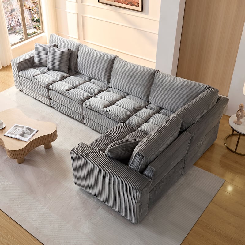 Oversized Sectional Sofa L Shaped Corner Couch Corduroy Upholstery Convertible Sleeper Sofa Couch - 5 Seats-Grey - Right Facing