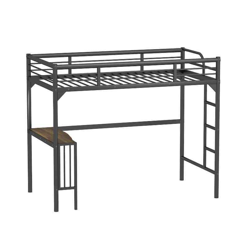 Black Twin Size Metal Loft Bed with Desk and Guardrails