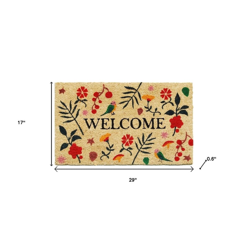 HomeRoots 17" X 29" Brown Red Black And Green Floral Birds Welcome Outdoor Coir Door Mat - 17.00' X '29.00