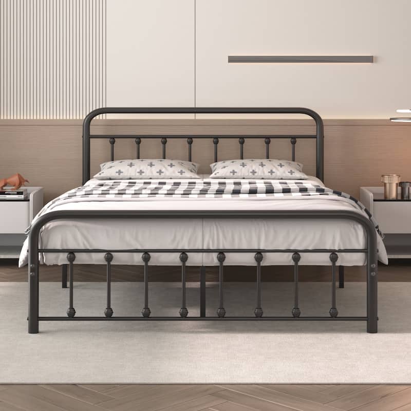 VECELO Metal Bed Frame with Headboard Classic Metal Platform Bed Frame Mattress Foundation with Victorian Style Footboard - Black - Queen