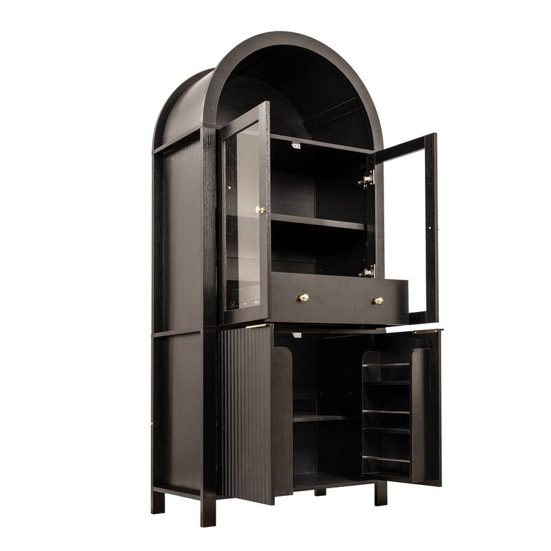 Fluted Arched Pantry Cabinet, Display Cabinet with Hidden Drawer & Glass Door, Storage Cabinet with Adjustable Shelves