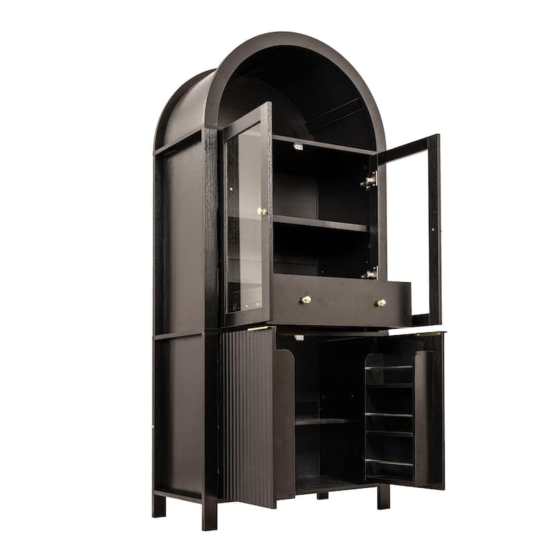 Roomfitters 71" Tall Arched Pantry Cabinet with Fluted Glass Doors & Hidden Drawer, 4-Door Display Cupboard
