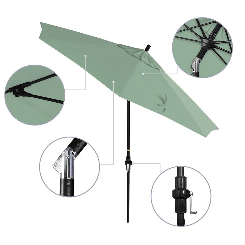 California Umbrella 9' Rd Patio Umbrella Black Aluminum Frame Fiberglass Ribs Crank Lift Collar Tilt, Pacifica Pacific Blue