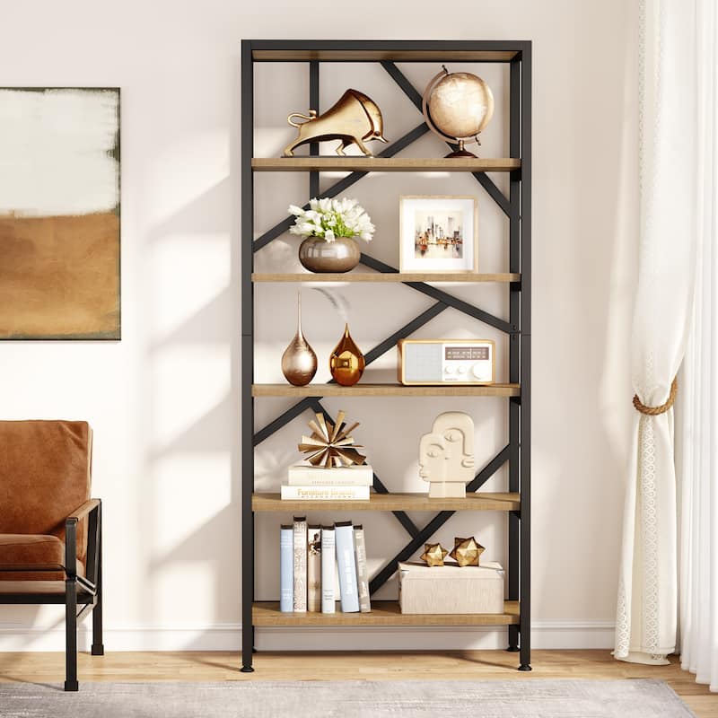 71" Industrial Bookshelf, 6 Tier Rustic Brown Wood Etagere Bookcase, Open Book Shelves